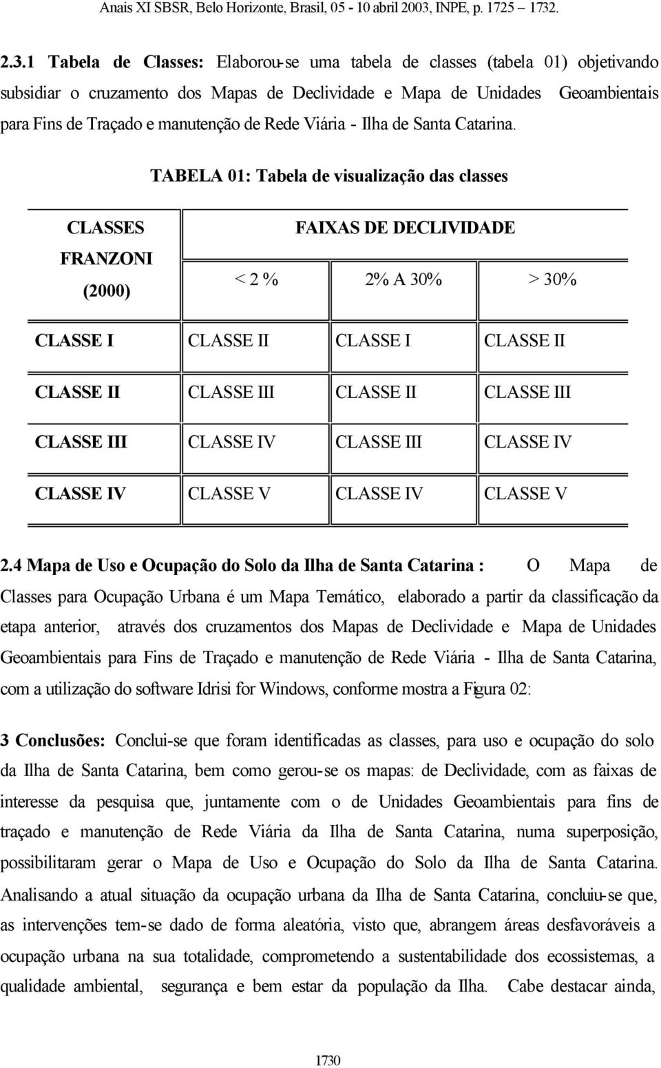 TABELA 01: Tabela de visualização das classes CLASSES FRANZONI (2000) FAIXAS DE DECLIVIDADE < 2 % 2% A 30% > 30% CLASSE I CLASSE II CLASSE I CLASSE II CLASSE II CLASSE III CLASSE II CLASSE III CLASSE