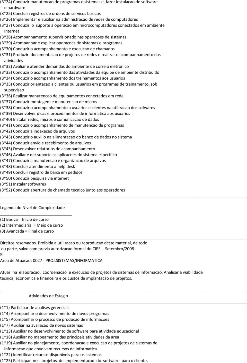 explicar operacoes de sistemas e programas (3*30) Conduzir o acompanhamento e execucao de chamados (3*31) Produzir documentacao de projetos de redes e realizar o acompanhamento das atividades (3*32)