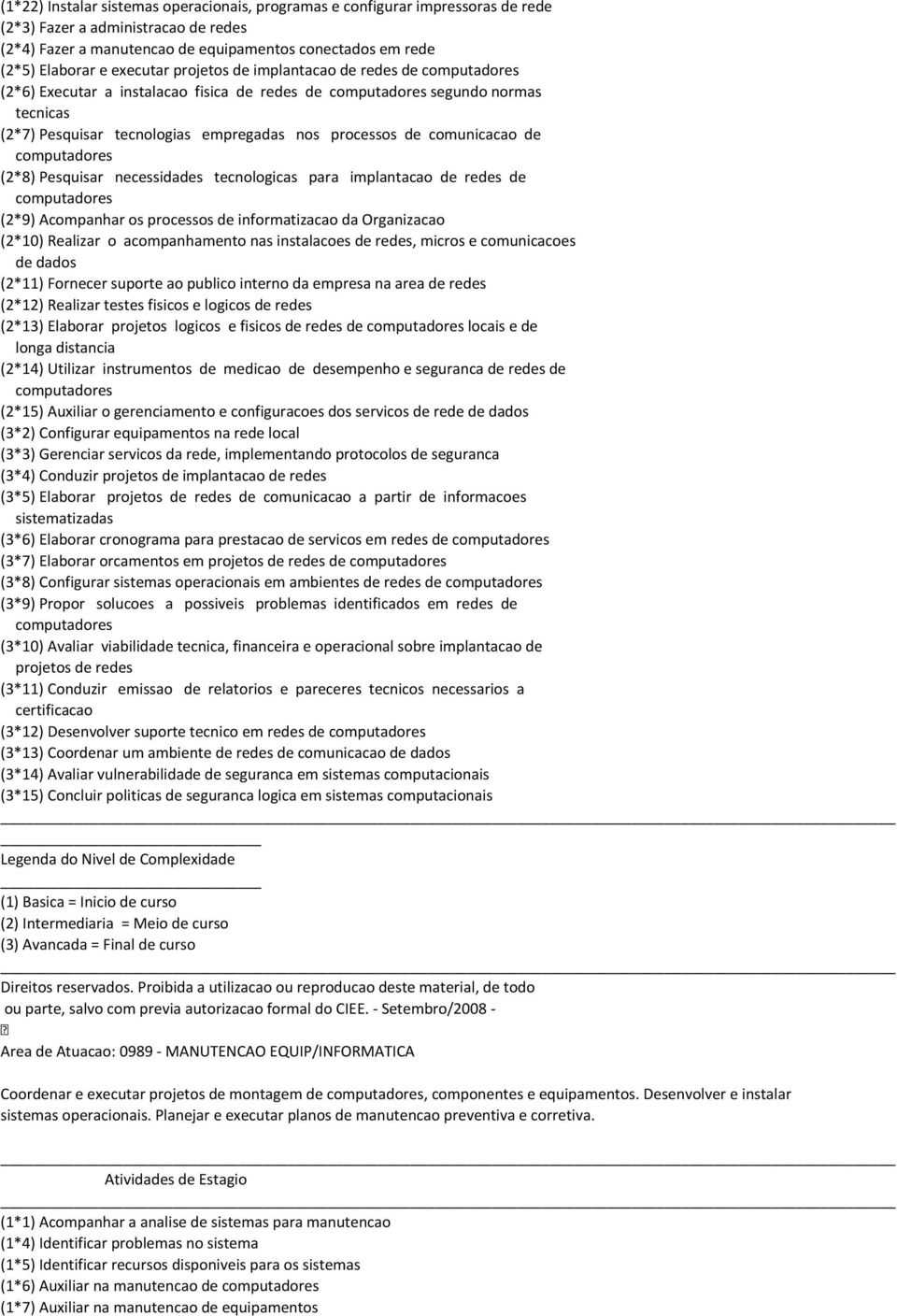 comunicacao de computadores (2*8) Pesquisar necessidades tecnologicas para implantacao de redes de computadores (2*9) Acompanhar os processos de informatizacao da Organizacao (2*10) Realizar o