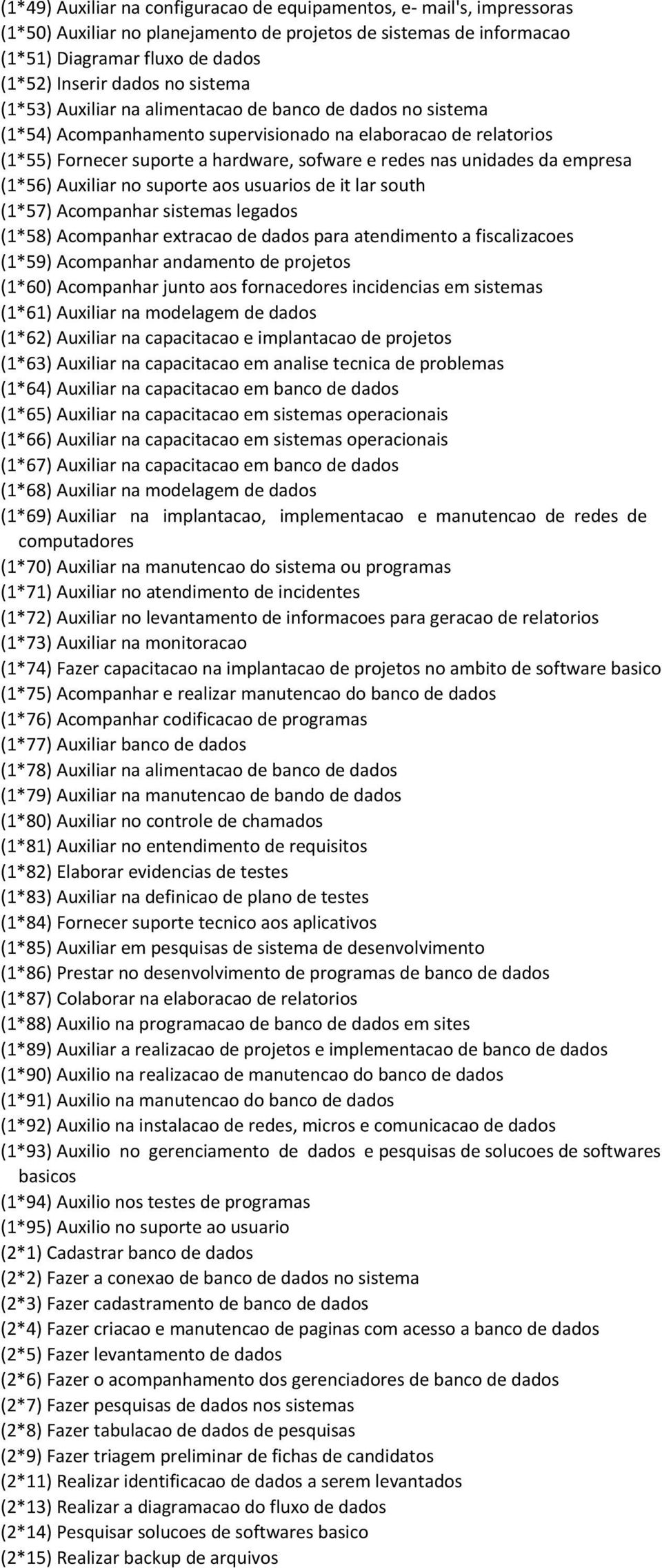 da empresa (1*56) Auxiliar no suporte aos usuarios de it lar south (1*57) Acompanhar sistemas legados (1*58) Acompanhar extracao de dados para atendimento a fiscalizacoes (1*59) Acompanhar andamento