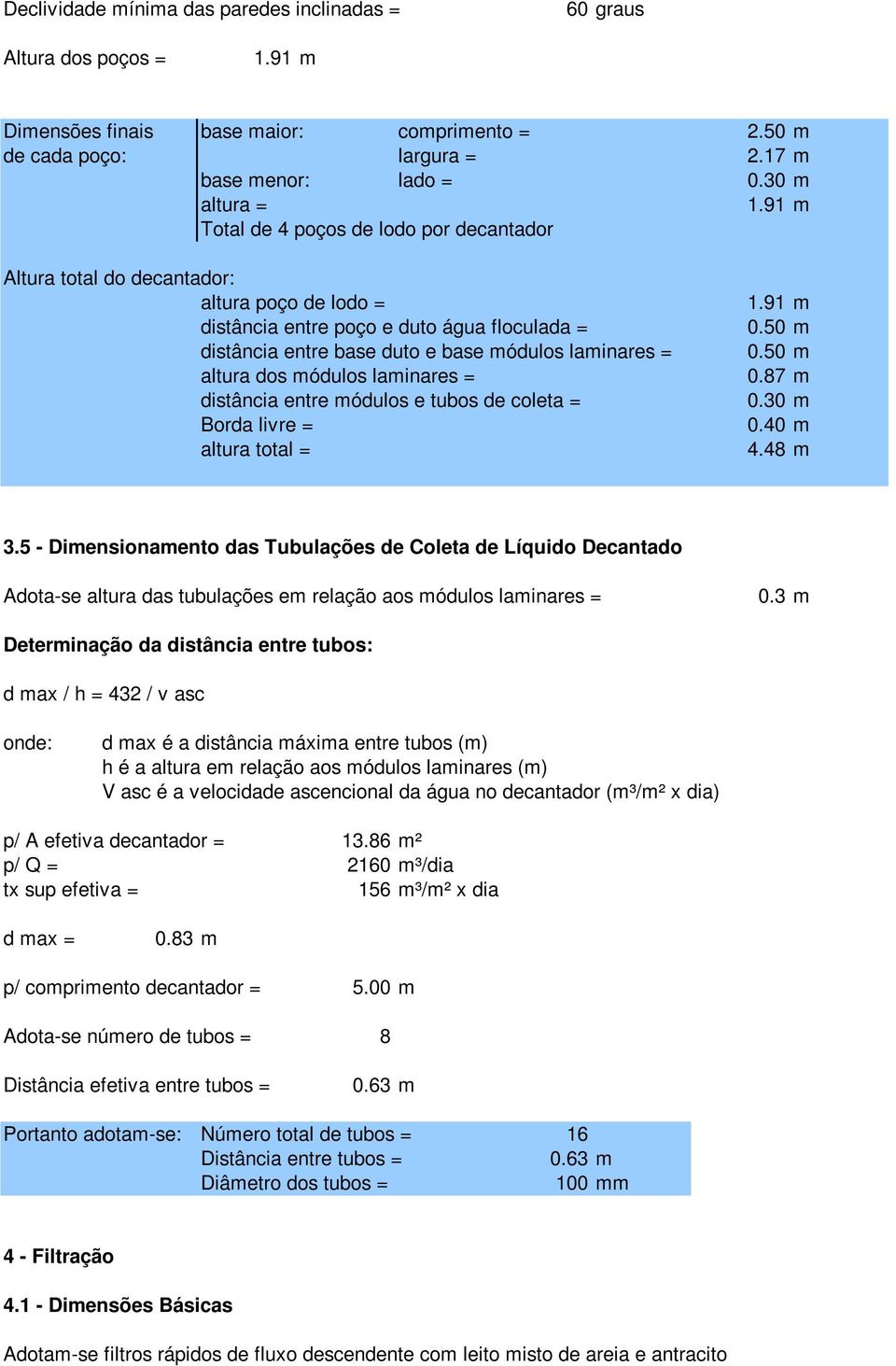 dos módulos laminares = distância entre módulos e tubos de coleta = Borda livre = altura total = 1.91 m 0.50 m 0.50 m 0.87 m 0.30 m 0.40 m 4.48 m 3.