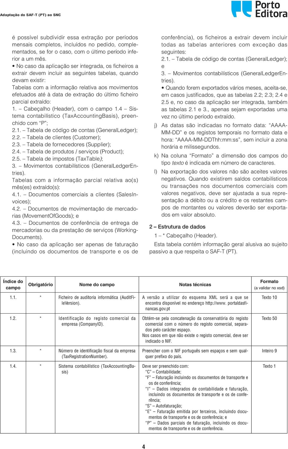 do último ficheiro parcial extraído: 1. Cabeçalho (Header), com o 1.4 Sistema contabilístico (TaxAccountingBasis), preenchido com P ; 2.1. Tabela de código de contas (GeneralLedger); 2.2. Tabela de clientes (Customer); 2.