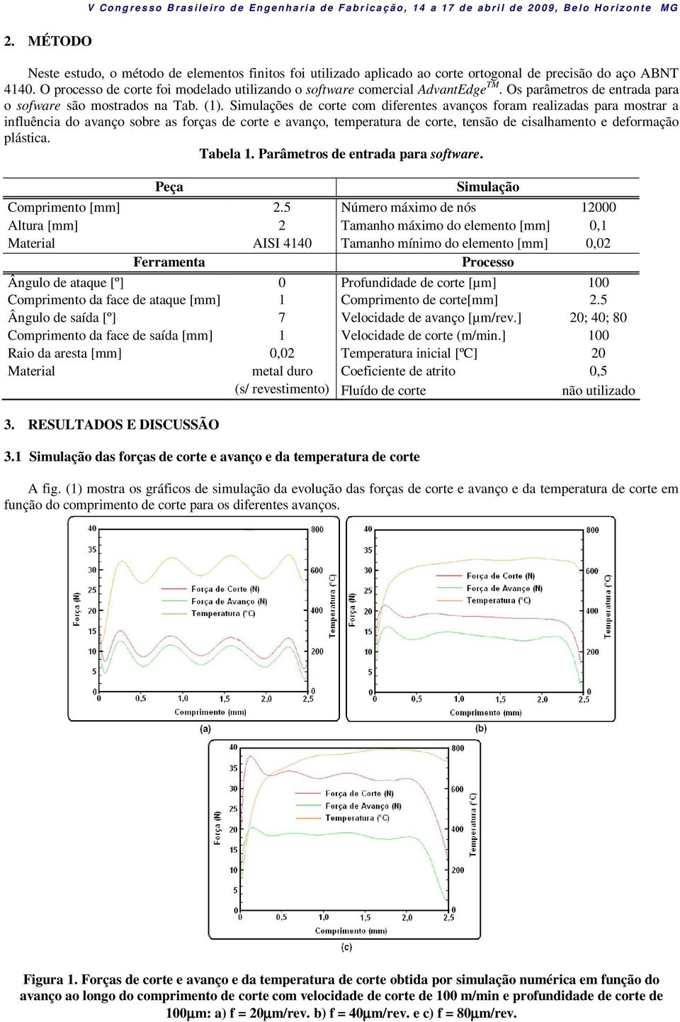 Simulações de corte com diferentes avanços foram realizadas para mostrar a influência do avanço sobre as forças de corte e avanço, temperatura de corte, tensão de cisalhamento e deformação plástica.