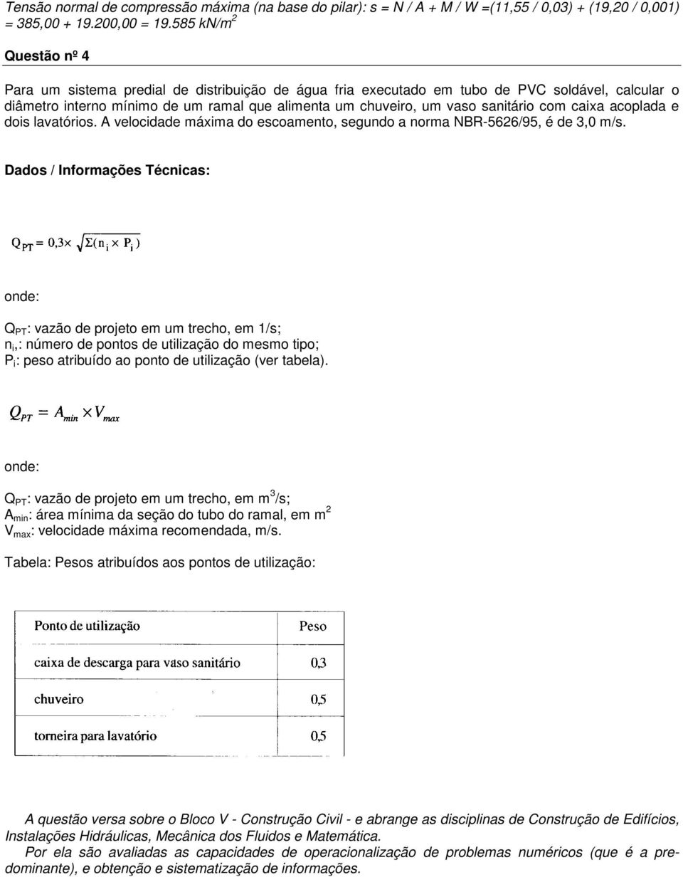 sanitário com caixa acoplada e dois lavatórios. A velocidade máxima do escoamento, segundo a norma NBR-5626/95, é de 3,0 m/s.