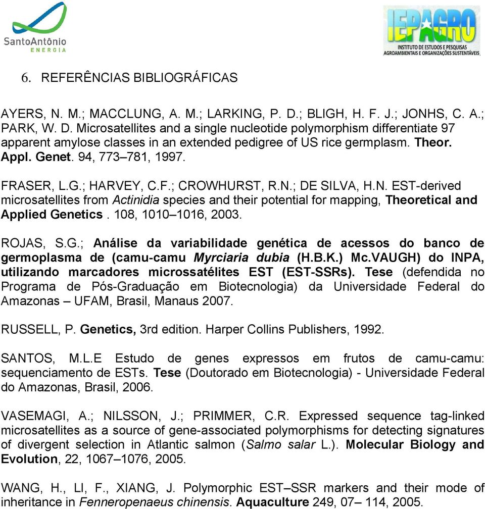 Genet. 94, 773 781, 1997. FRASER, L.G.; HARVEY, C.F.; CROWHURST, R.N.; DE SILVA, H.N. EST-derived microsatellites from Actinidia species and their potential for mapping, Theoretical and Applied Genetics.