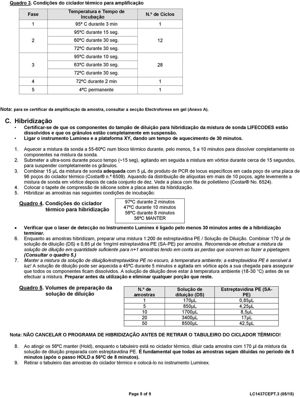 4 72ºC durante 2 min 1 5 4ºC permanente 1 12 28 Nota: para se certificar da amplificação da amostra, consultar a secção Electroforese em gel (Anexo A). C.