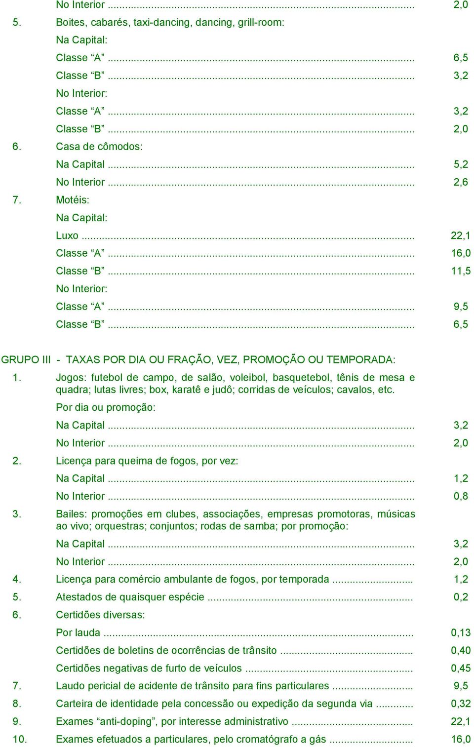 .. 6,5 GRUPO III - TAXAS POR DIA OU FRAÇÃO, VEZ, PROMOÇÃO OU TEMPORADA: 1.