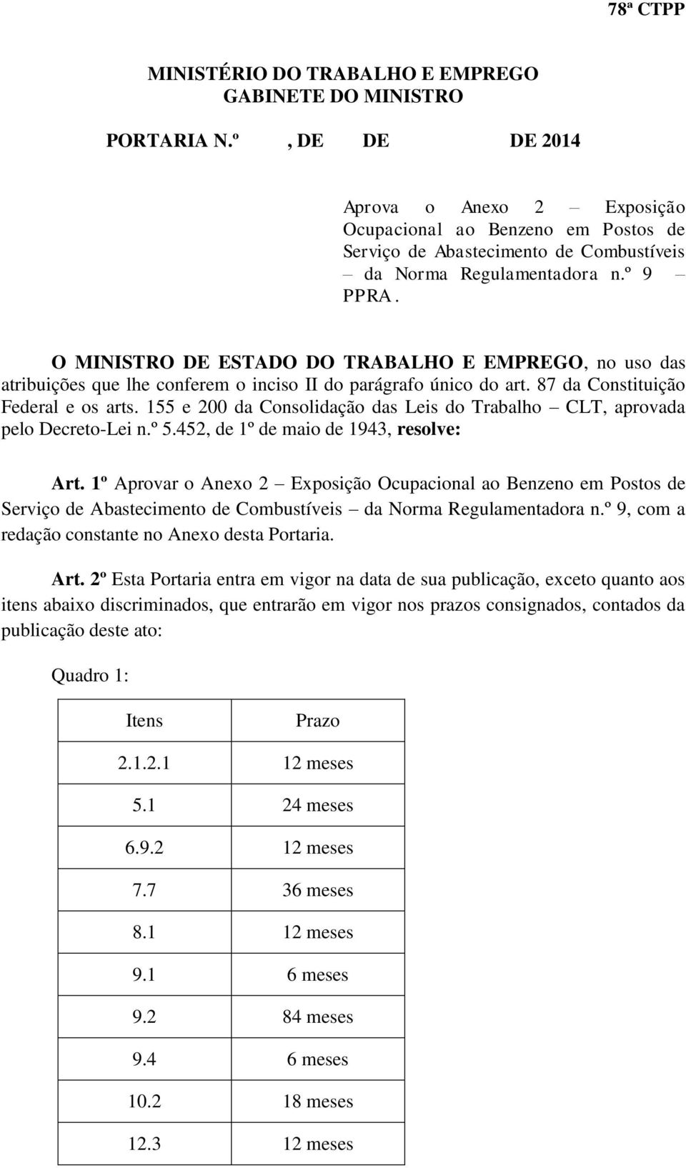 O MINISTRO DE ESTADO DO TRABALHO E EMPREGO, no uso das atribuições que lhe conferem o inciso II do parágrafo único do art. 87 da Constituição Federal e os arts.