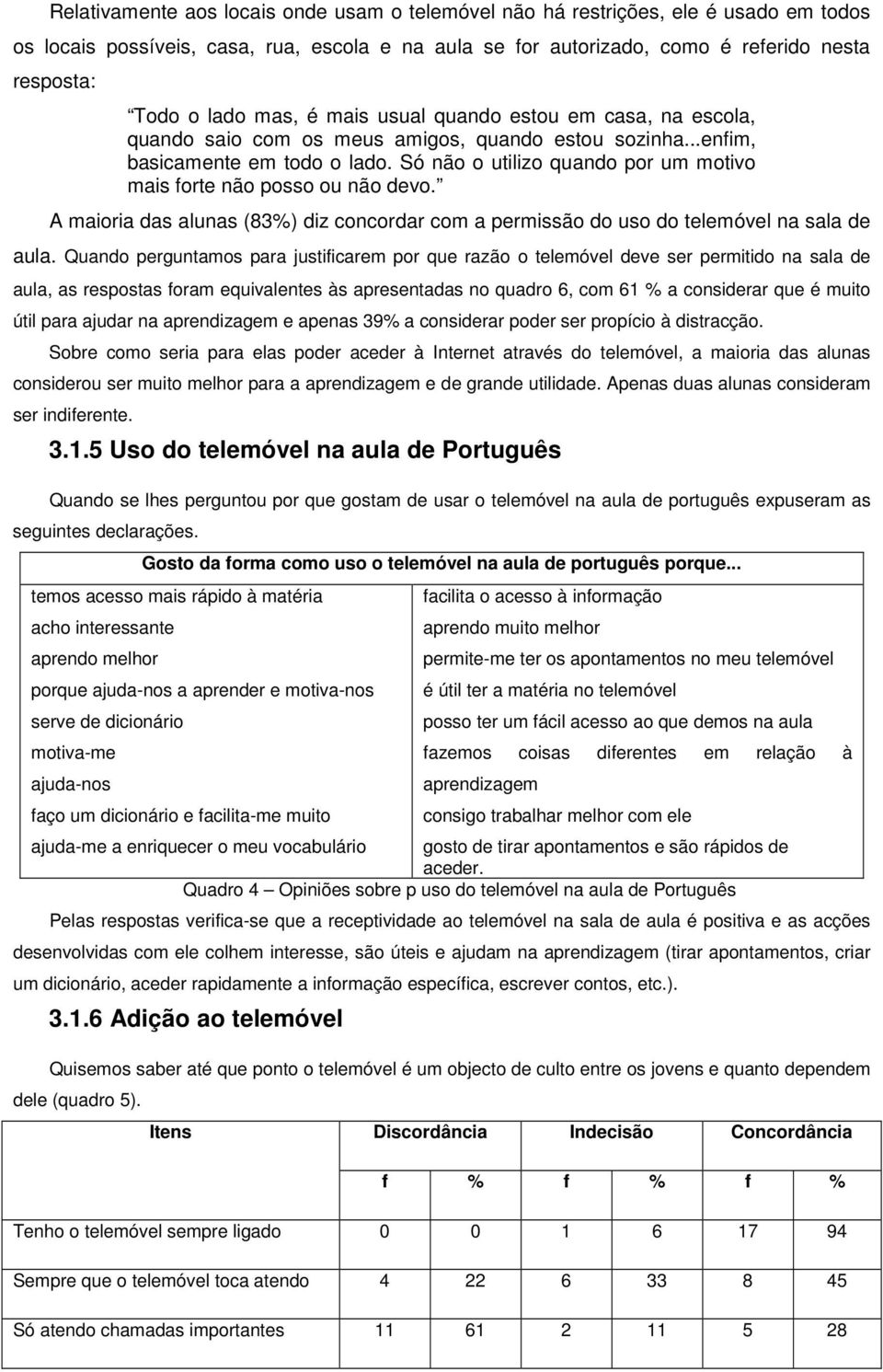 Só não o utilizo quando por um motivo mais forte não posso ou não devo. A maioria das alunas (83%) diz concordar com a permissão do uso do telemóvel na sala de aula.