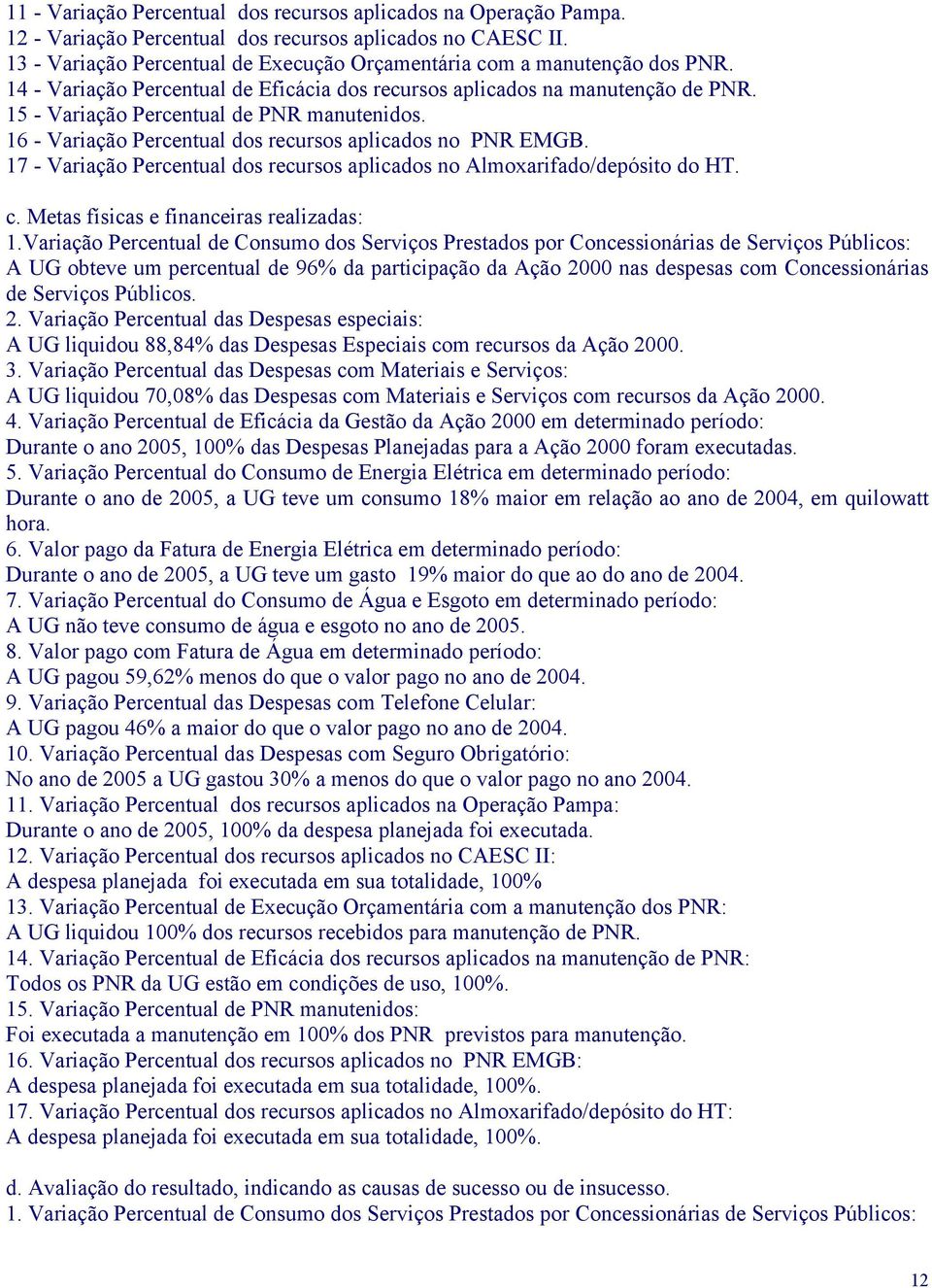 15 - Variação Percentual de PNR manutenidos. 16 - Variação Percentual dos recursos aplicados no PNR EMGB. 17 - Variação Percentual dos recursos aplicados no Almoxarifado/depósito do HT. c.