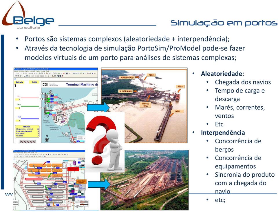 complexas; Aleatoriedade: Chegada dos navios Tempo de carga e descarga Marés, correntes, ventos Etc