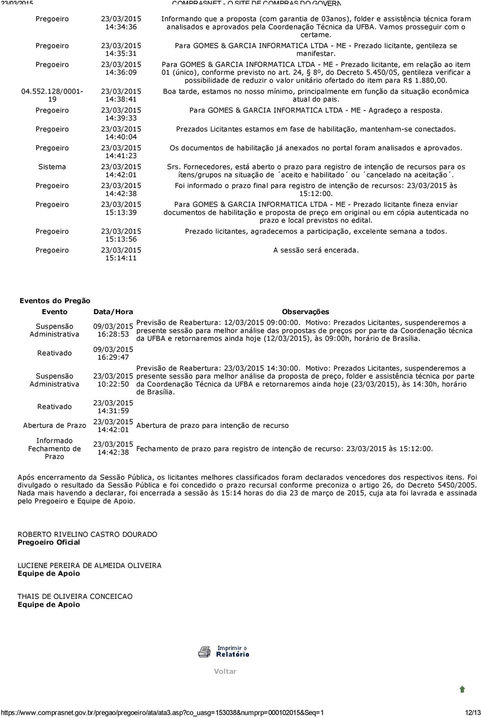 Para GOS & GARCIA Prezado licitante, em relação ao item 01 (único), conforme previsto no art. 24, 8º, do Decreto 5.