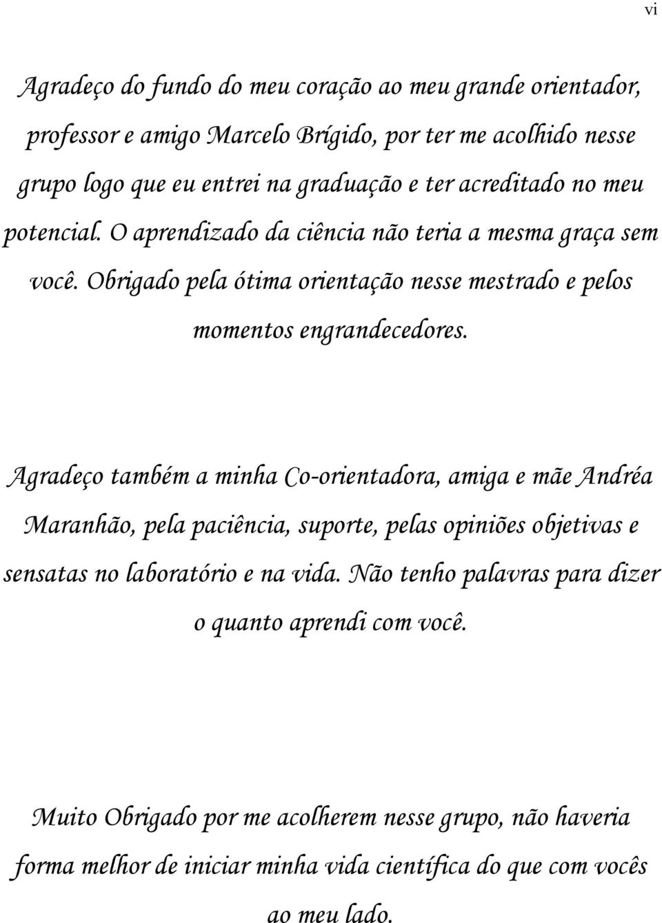 Agradeço também a minha Co-orientadora, amiga e mãe Andréa Maranhão, pela paciência, suporte, pelas opiniões objetivas e sensatas no laboratório e na vida.