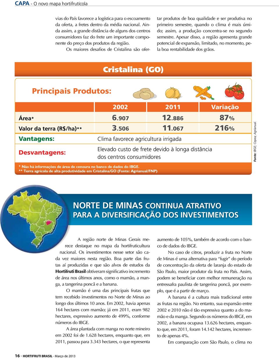 Os maiores desafios de Cristalina são ofertar produtos de boa qualidade e ser produtiva no primeiro semestre, quando o clima é mais úmido; assim, a produção concentra-se no segundo semestre.