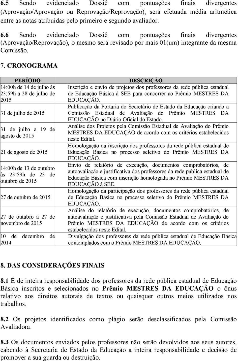 CRONOGRAMA PERÍODO 14:00h de 14 de julho às 23:59h a 28 de julho de 2015 31 de julho de 2015 31 de julho a 19 de agosto de 2015 21 de agosto de 2015 14:00h de 13 de outubro às 23:59h de 23 de outubro