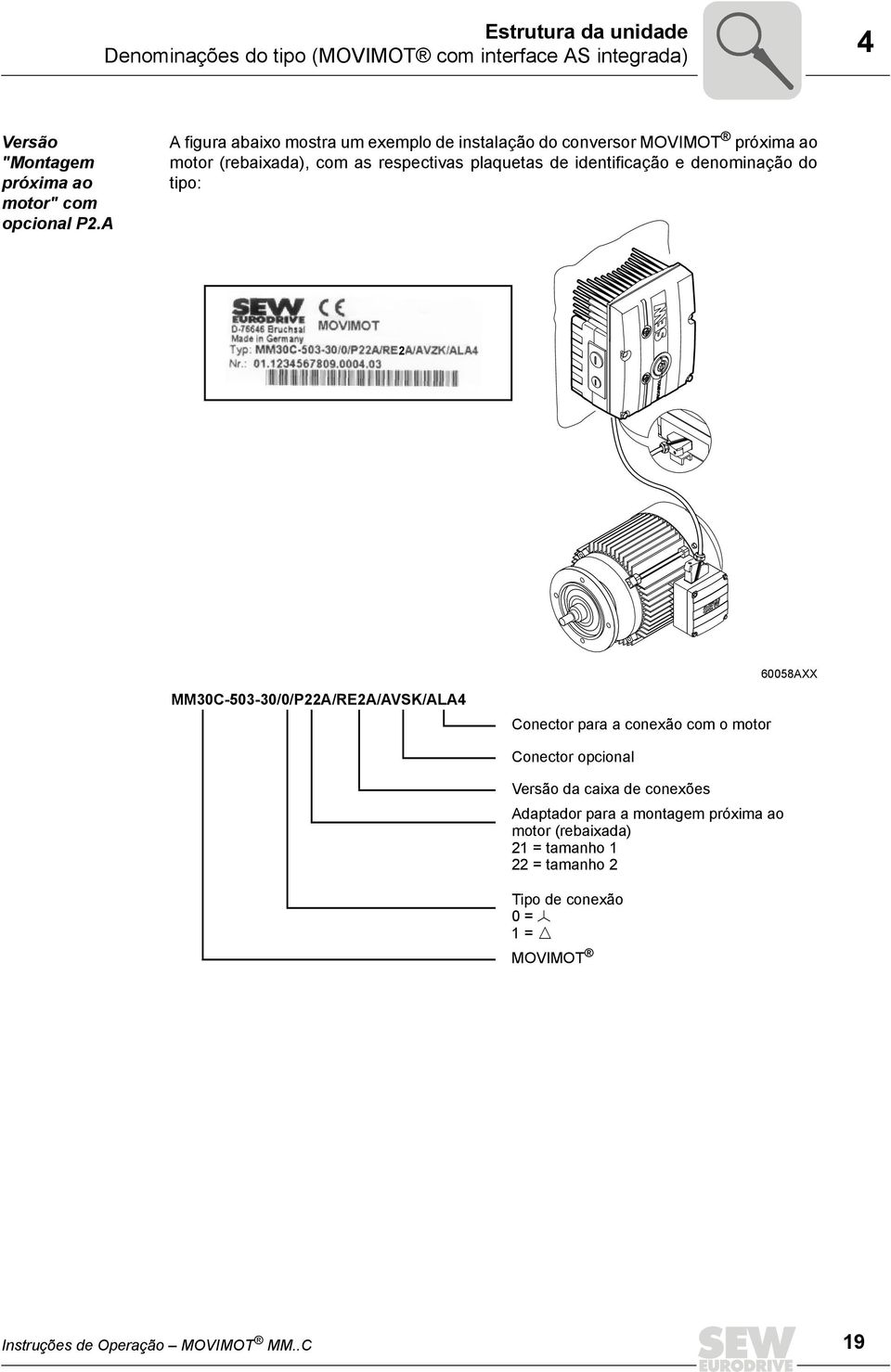 identificação e denominação do tipo: 2 658AXX MM3C-53-3//P22A/RE2A/AVSK/ALA4 Conector para a conexão com o motor Conector opcional Versão da