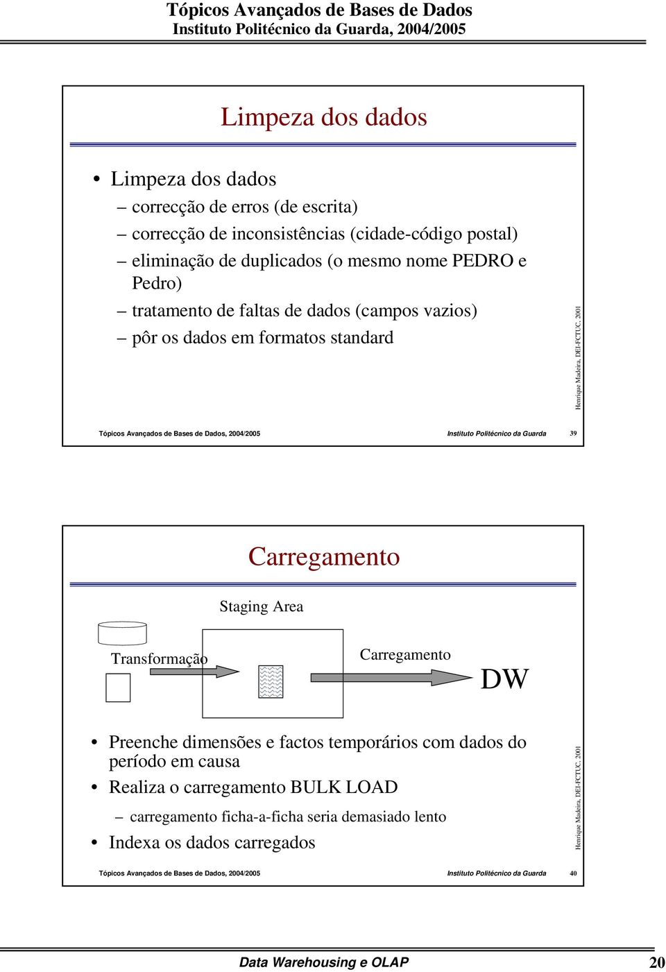 39 Carregamento Staging Area Transformação Carregamento DW Preenche dimensões e factos temporários com dados do período em causa