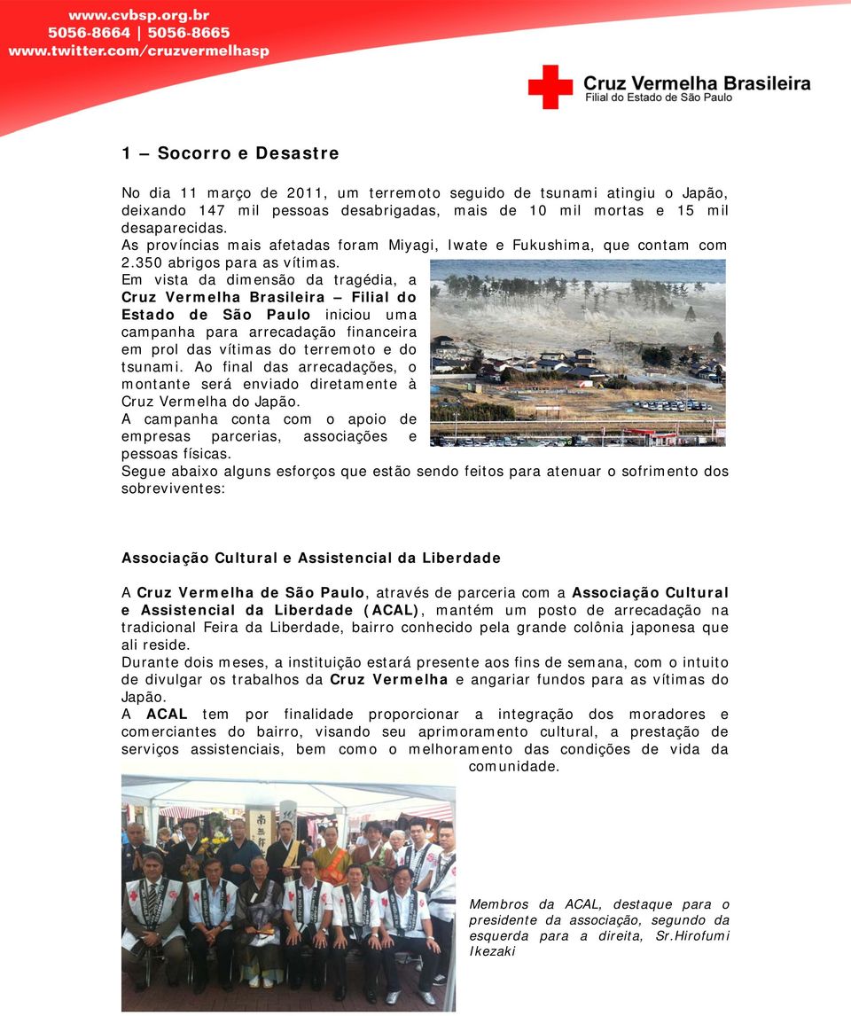 Em vista da dimensão da tragédia, a Cruz Vermelha Brasileira Filial do Estado de São Paulo iniciou uma campanha para arrecadação financeira em prol das vítimas do terremoto e do tsunami.