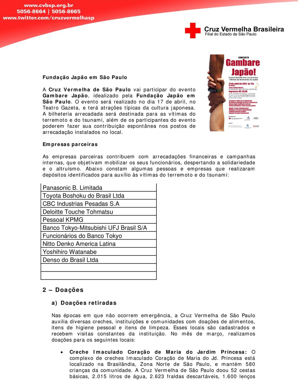 A bilheteria arrecadada será destinada para as vítimas do terremoto e do tsunami, além de os participantes do evento poderem fazer sua contribuição espontânea nos postos de arrecadação instalados no