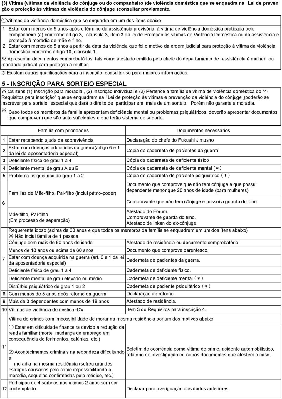 1 Estar com menos de 5 anos após o término da assistência provisória à vítima de violência doméstica praticada pelo companheiro (a) conforme artigo 3, cláusula 3, ítem 3 da lei de Proteção às vitimas