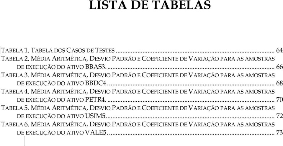 MÉDIA ARITMÉTICA, DESVIO PADRÃO E COEFICIENTE DE VARIAÇÃO PARA AS AMOSTRAS DE EXECUÇÃO DO ATIVO BBDC4.... 68 TABELA 4.