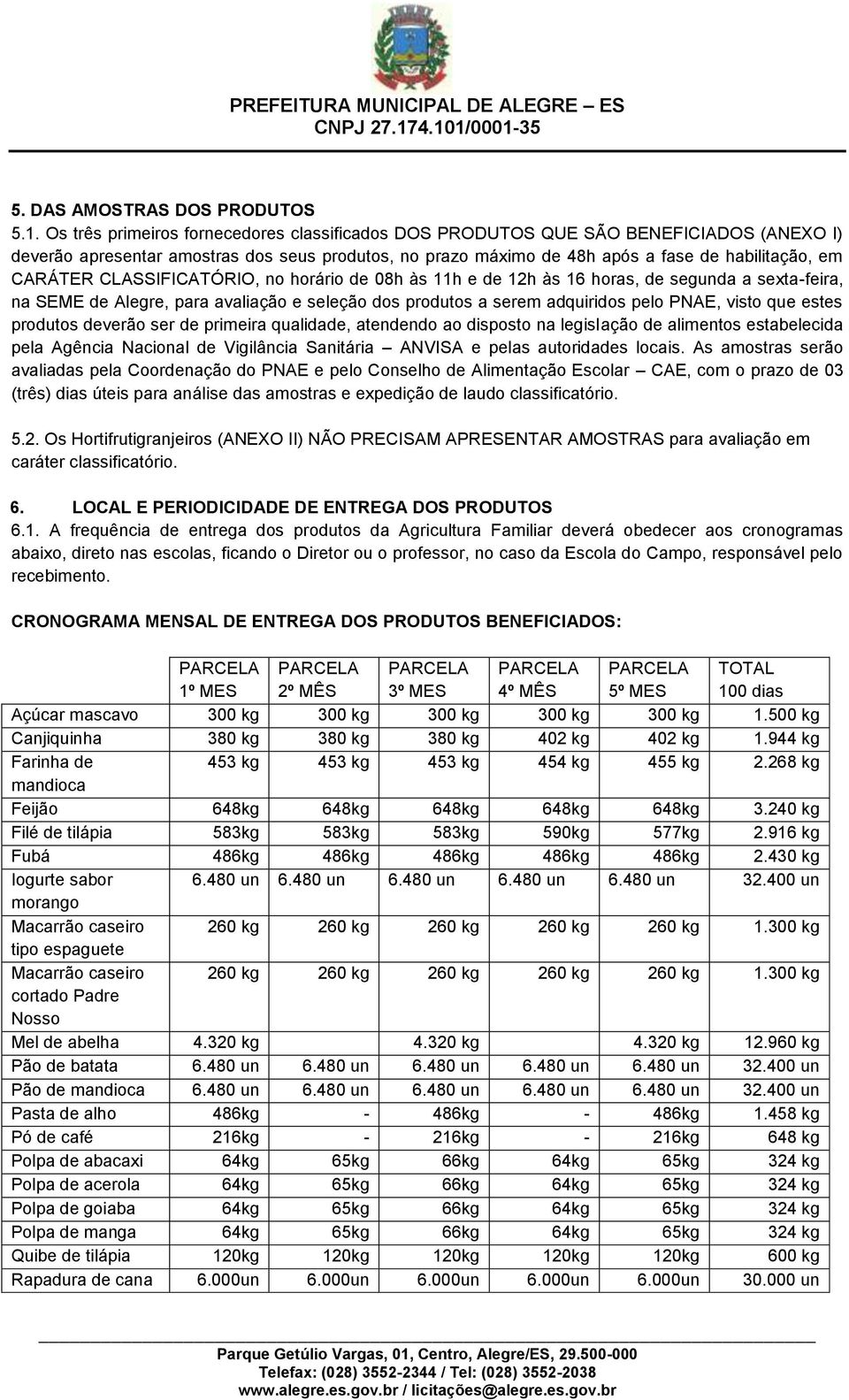 CLASSIFICATÓRIO, no horário de 08h às 11h e de 12h às 16 horas, de segunda a sexta-feira, na SEME de Alegre, para avaliação e seleção dos produtos a serem adquiridos pelo PNAE, visto que estes