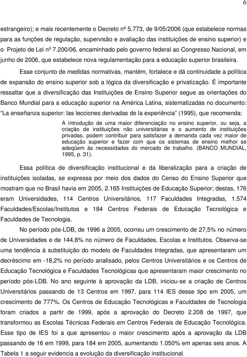 200/06, encaminhado pelo governo federal ao Congresso Nacional, em junho de 2006, que estabelece nova regulamentação para a educação superior brasileira.