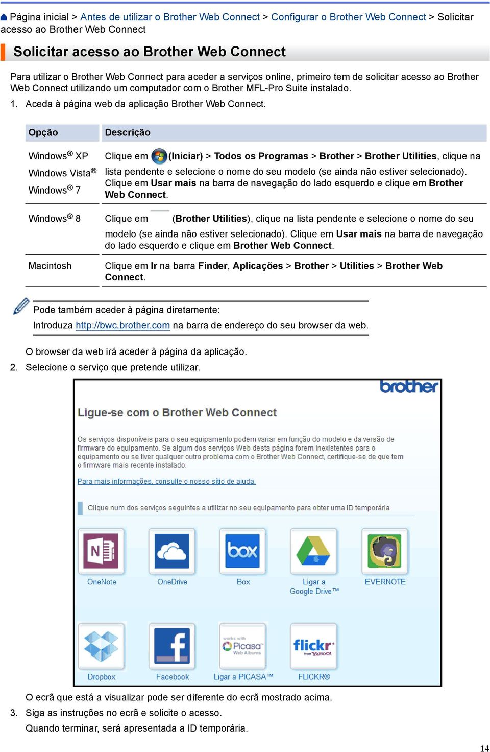 Aceda à página web da aplicação Brother Web Connect.