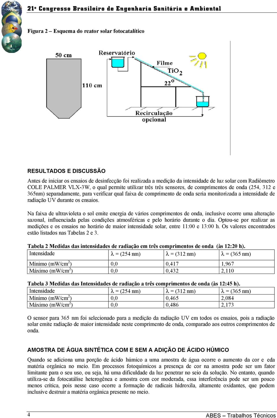 radiação UV durante os ensaios.