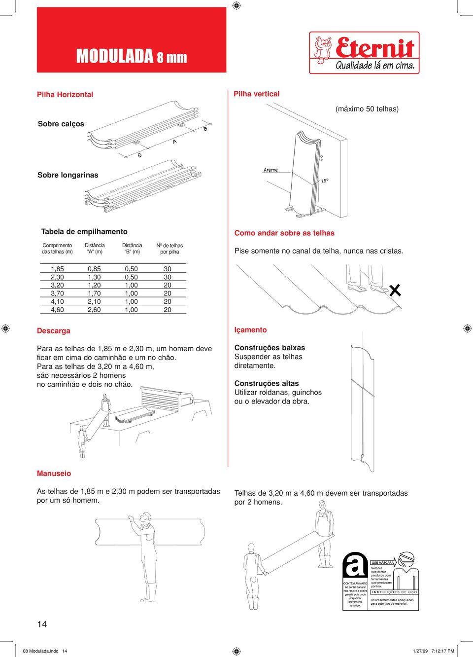1,85 0,85 0,50 30 2,30 1,30 0,50 30 3,20 1,20 1,00 20 3,70 1,70 1,00 20 4,10 2,10 1,00 20 4,60 2,60 1,00 20 Descarga Para as telhas de 1,85 m e 2,30 m, um homem deve ficar em cima do caminhão e um no