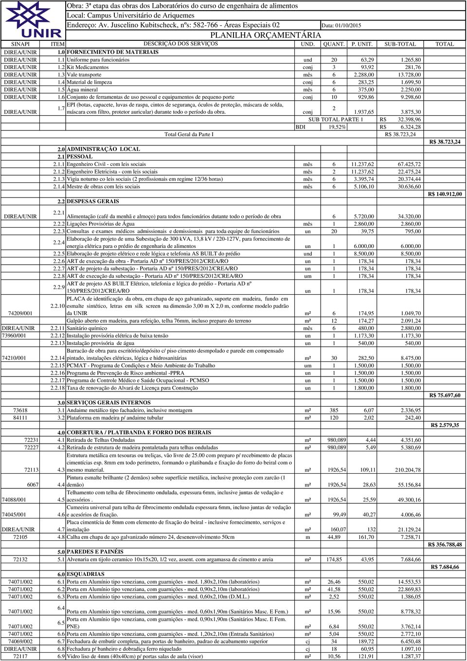 1 Uniforme para funcionários und 20 63,29 1.265,80 1.2 Kit Medicamentos conj 3 93,92 281,76 1.3 Vale transporte mês 6 2.288,00 13.728,00 1.4 Material de limpeza conj 6 283,25 1.699,50 1.