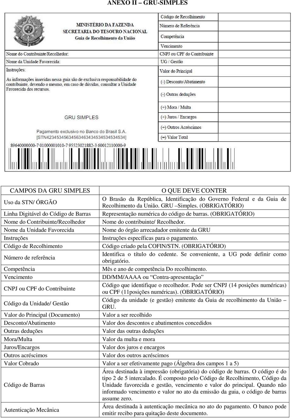 Nome da Unidade Favorecida Nome do órgão arrecadador emitente da GRU Instruções Instruções específicas para o pagamento. Código de Recolhimento Código criado pela COFIN/STN.