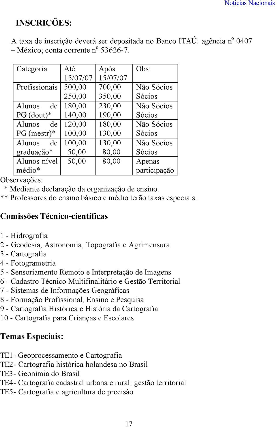 Sócios PG (mestr)* 100,00 130,00 Sócios Alunos de 100,00 130,00 Não Sócios graduação* 50,00 80,00 Sócios Alunos nível médio* 50,00 80,00 Apenas participação Observações: * Mediante declaração da