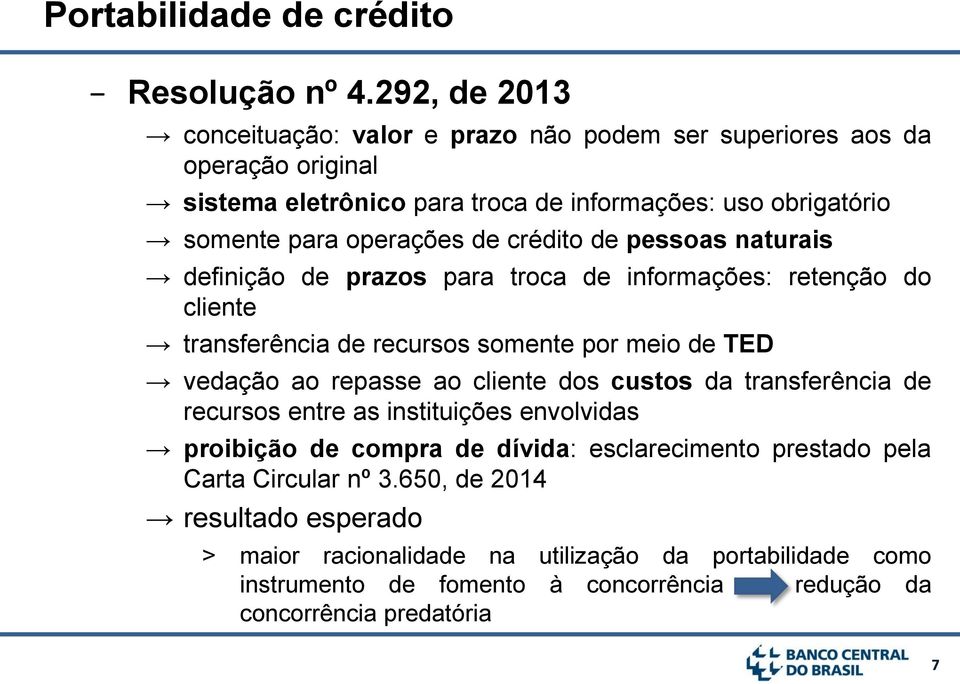 de crédito de pessoas naturais definição de prazos para troca de informações: retenção do cliente transferência de recursos somente por meio de TED vedação ao repasse ao cliente