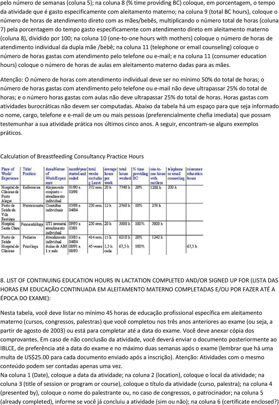 aleitamento materno (coluna 8), dividido por 100; na coluna 10 (one to one hours with mothers) coloque o número de horas de atendimento individual da dupla mãe /bebê; na coluna 11 (telephone or email