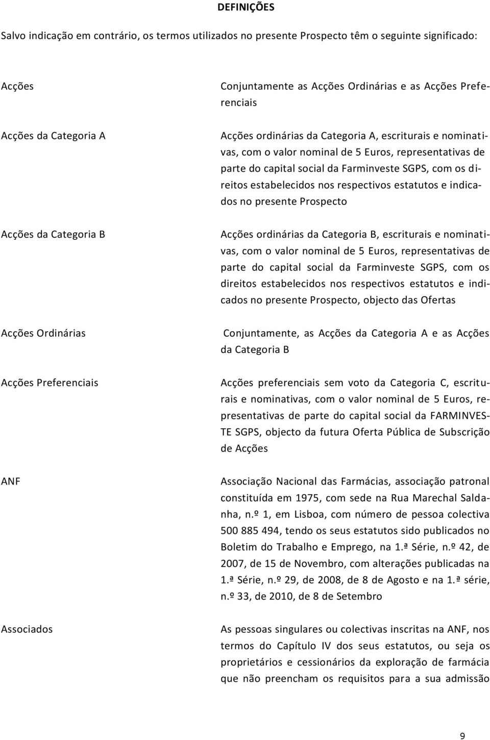 respectivos estatutos e indicados no presente Prospecto Acções da Categoria B Acções ordinárias da Categoria B, escriturais e nominativas, com o valor nominal de 5 Euros, representativas de parte do