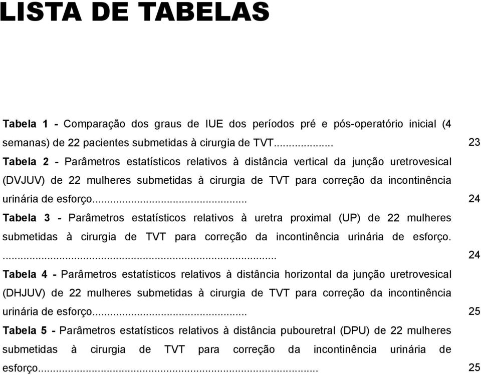 .. 24 Tabela 3 - Parâmetros estatísticos relativos à uretra proximal (UP) de 22 mulheres submetidas à cirurgia de TVT para correção da incontinência urinária de esforço.