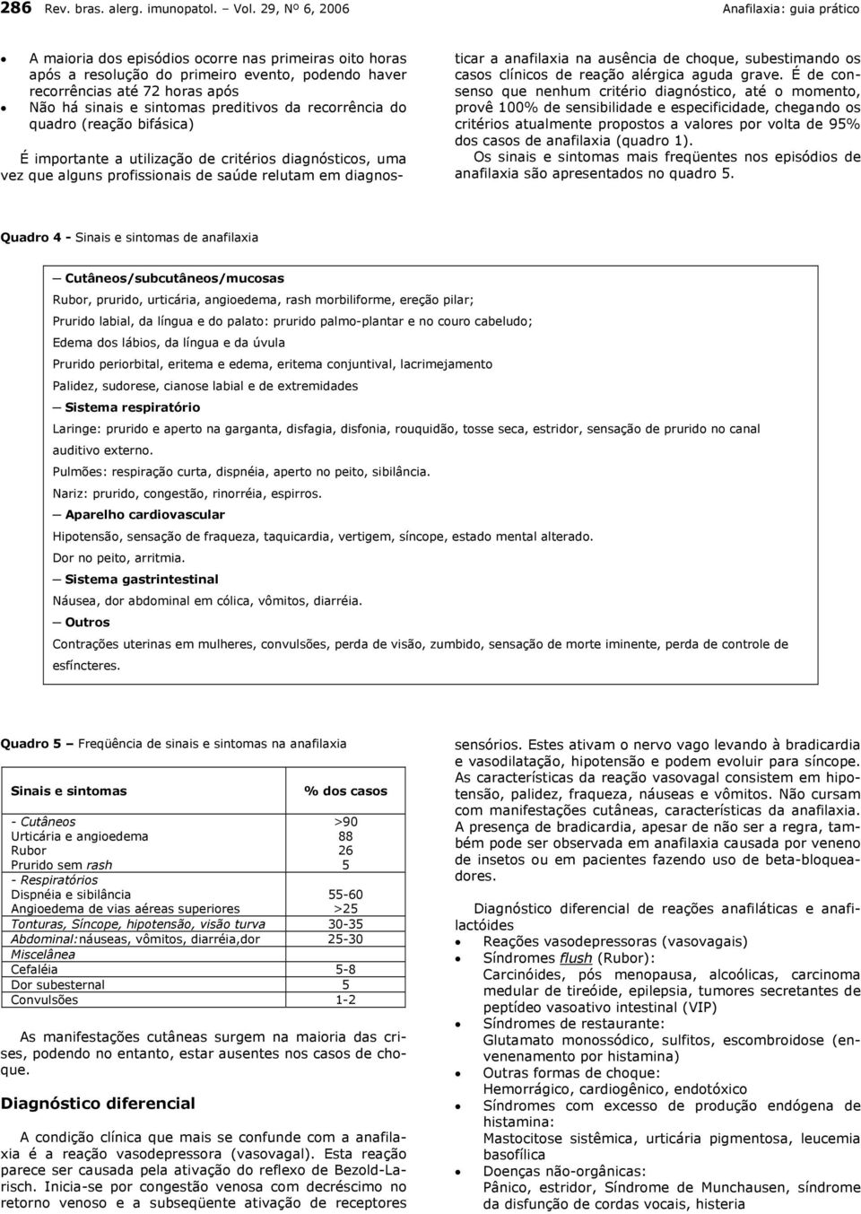 sintomas preditivos da recorrência do quadro (reação bifásica) É importante a utilização de critérios diagnósticos, uma vez que alguns profissionais de saúde relutam em diagnos- ticar a anafilaxia na