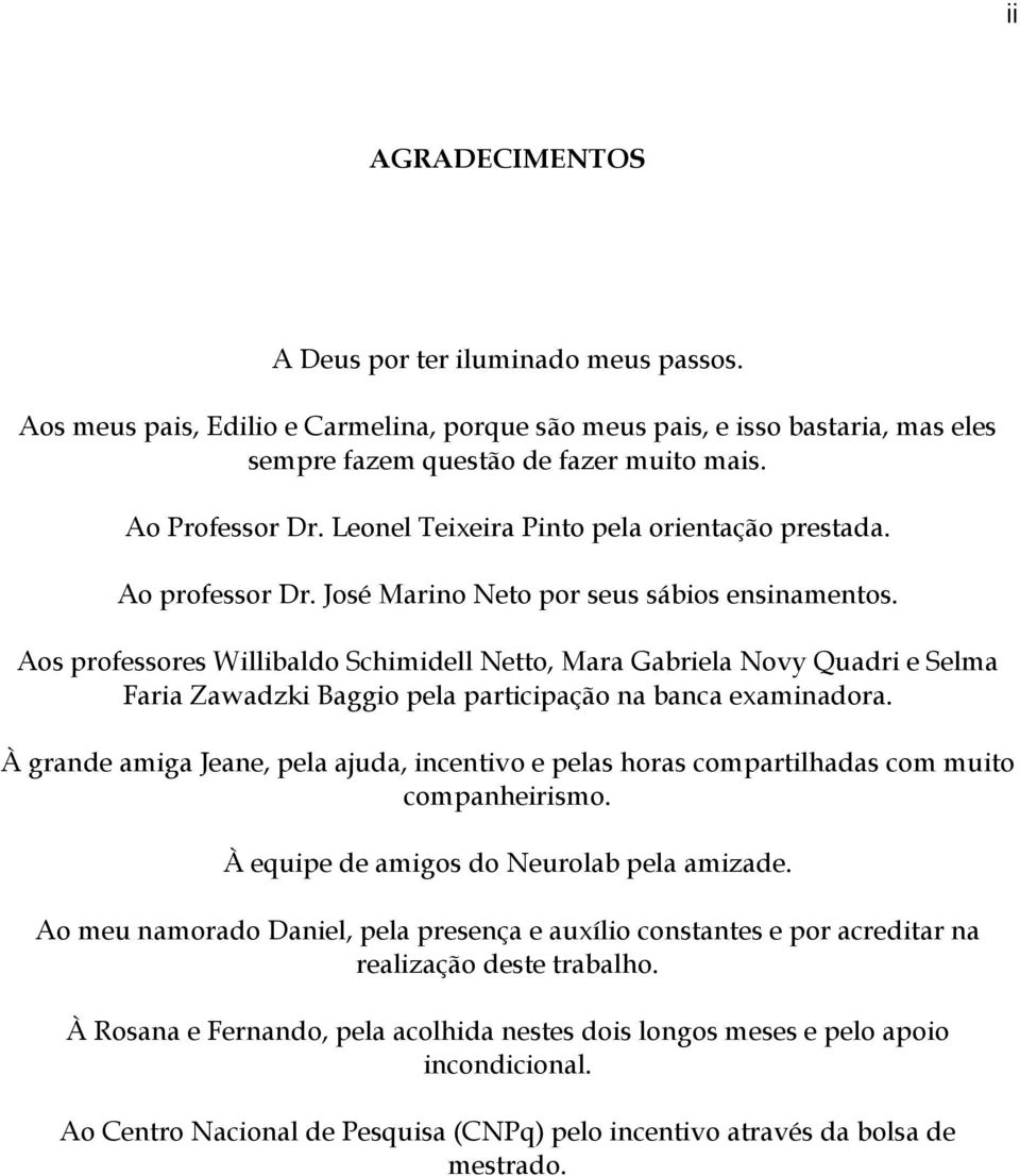 Aos professores Willibaldo Schimidell Netto, Mara Gabriela Novy Quadri e Selma Faria Zawadzki Baggio pela participação na banca examinadora.