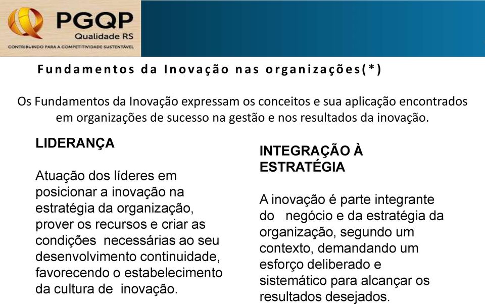 LIDERANÇA Atuação dos líderes em posicionar a inovação na estratégia da organização, prover os recursos e criar as condições necessárias ao seu desenvolvimento