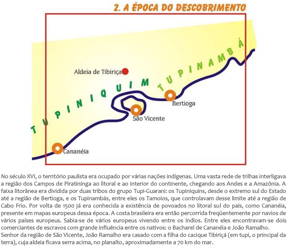 A faixa litorânea era dividida por duas tribos do grupo Tupi-Guarani: os Tupiniquins, desde o extremo sul do Estado até a região de Bertioga, e os Tupinambás, entre eles os Tamoios, que controlavam