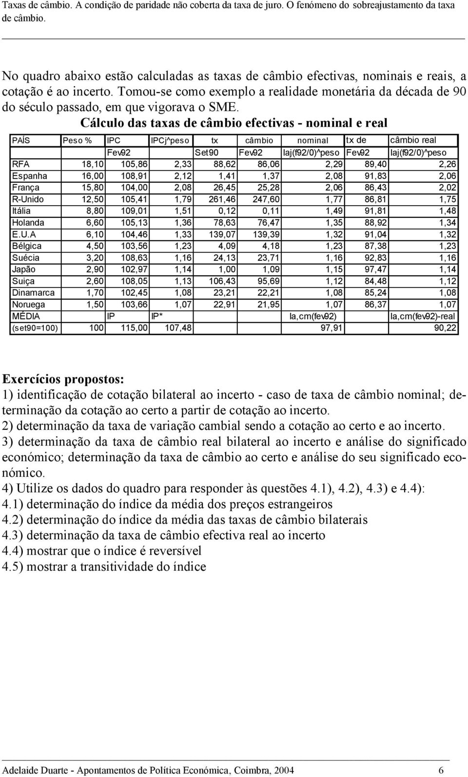 Cálculo das taxas de câmbio efectivas - nominal e real PAÍS Peso % IPC IPCj^peso tx câmbio nominal tx de câmbio real Fev92 Set90 Fev92 Iaj(f92/0)^peso Fev92 Iaj(f92/0)^peso RFA 18,10 105,86 2,33