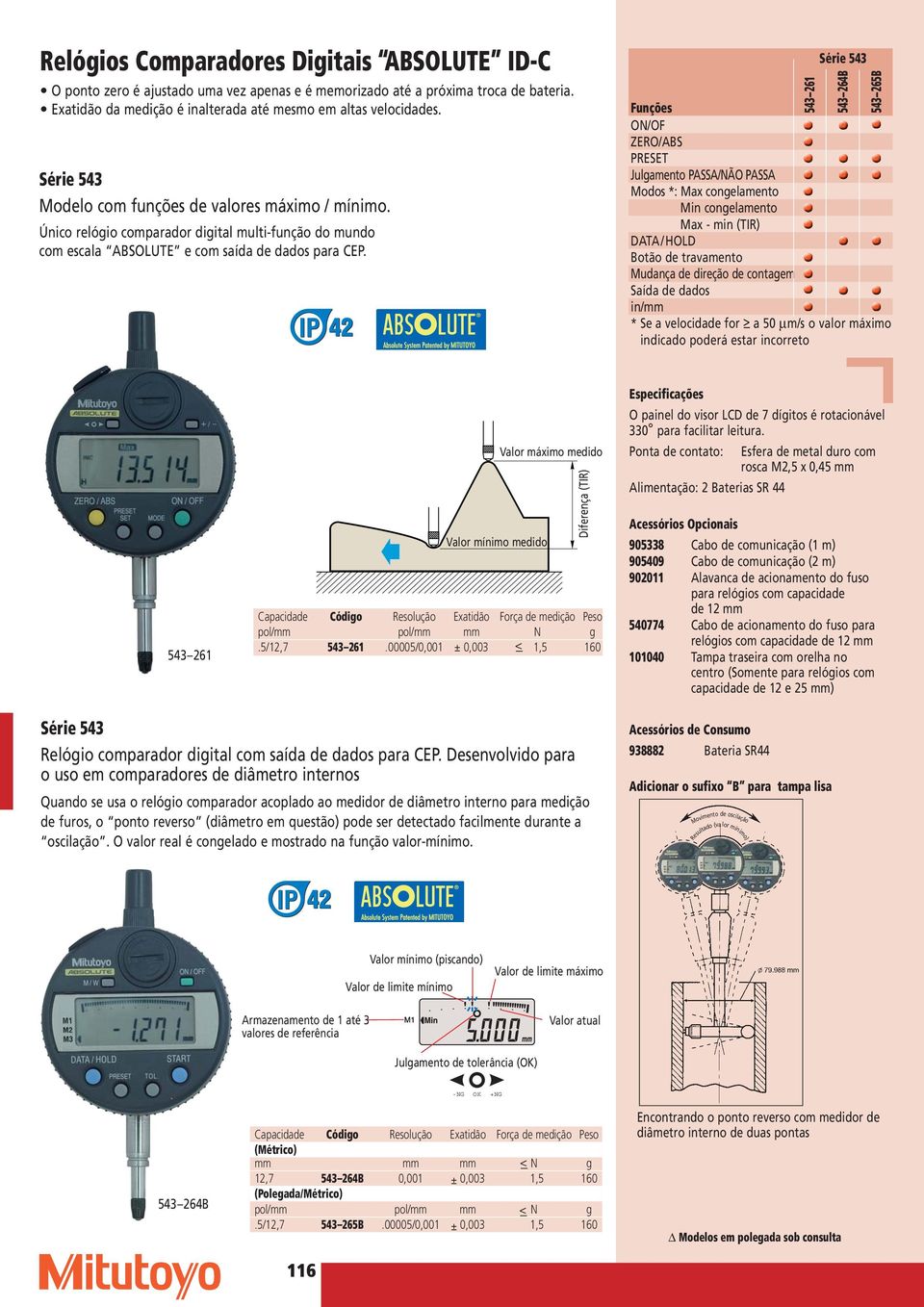 543 261 543 264B 543 265B Funções ON/OF ZERO/ABS PRESET Julgamento PASSA/NÃO PASSA Modos *: Max congelamento Min congelamento Max - min (TIR) DATA/HOLD Botão de travamento in/mm * Se a velocidade for