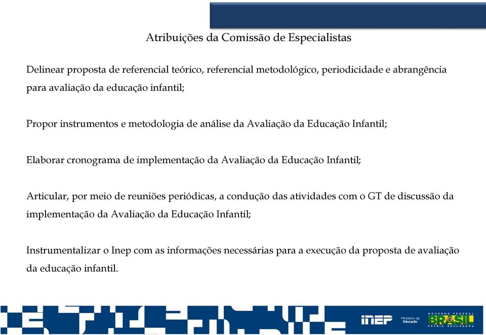 implementação da Avaliação da Educação Infantil; Articular, por meio de reuniões periódicas, a condução das atividades com o GT de discussão da