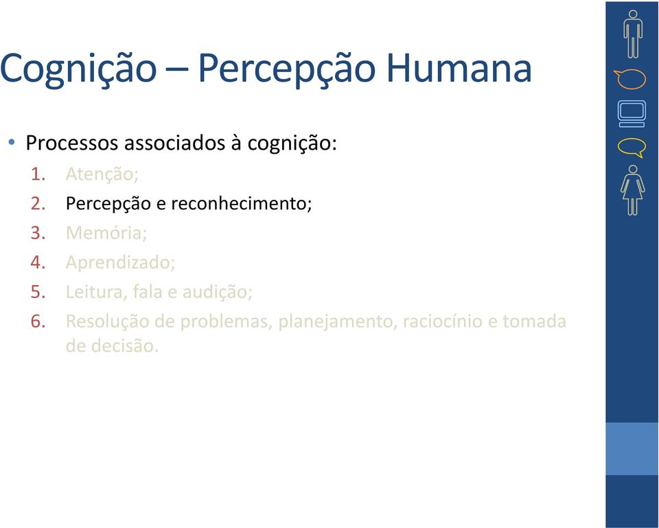 Memória; 4. Aprendizado; 5. Leitura, fala e audição; 6.