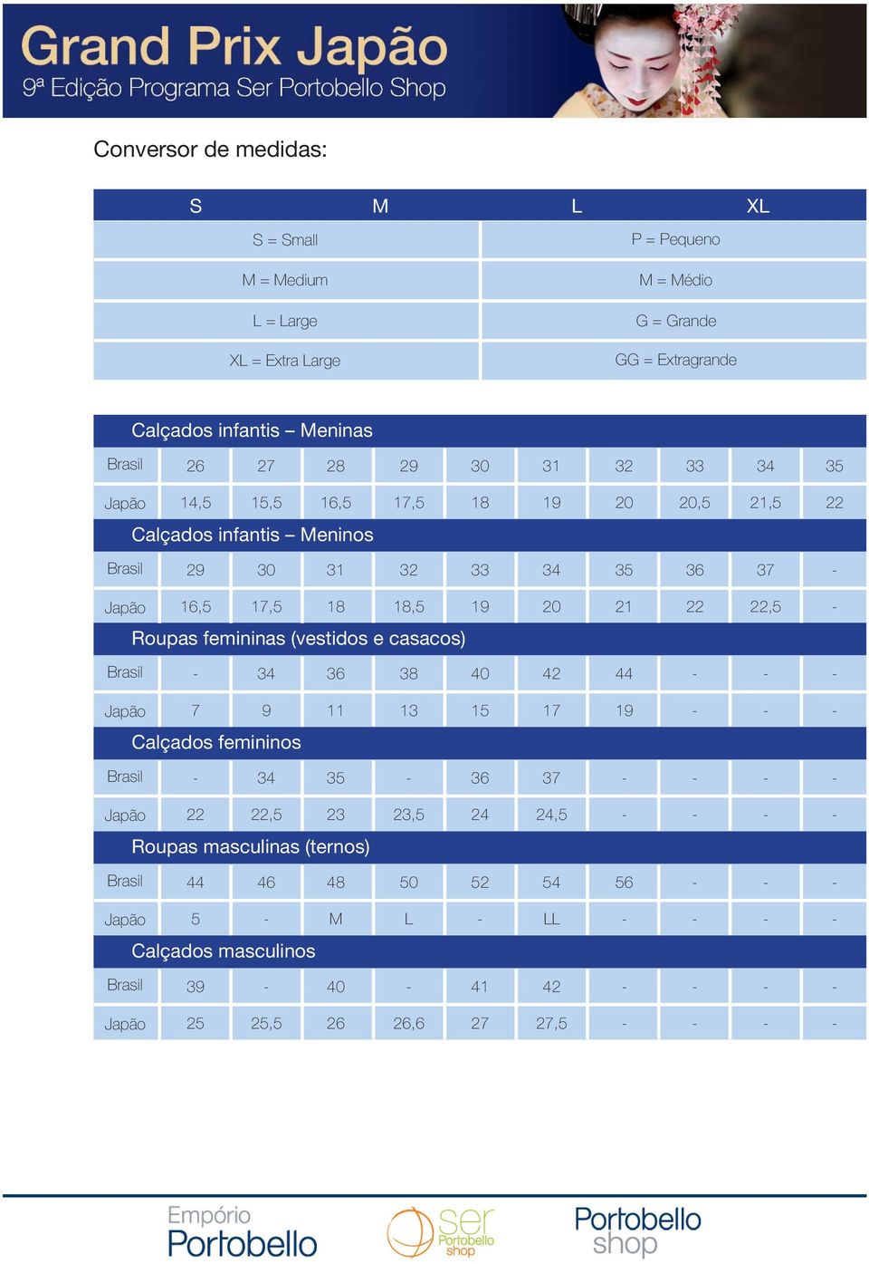 17,5 18 18,5 19 20 21 22 22,5 Roupas femininas (vestidos e casacos) Brasil 34 36 38 40 42 44 Japão 7 9 11 13 15 17 19 Calçados femininos Brasil 34 35 36 37