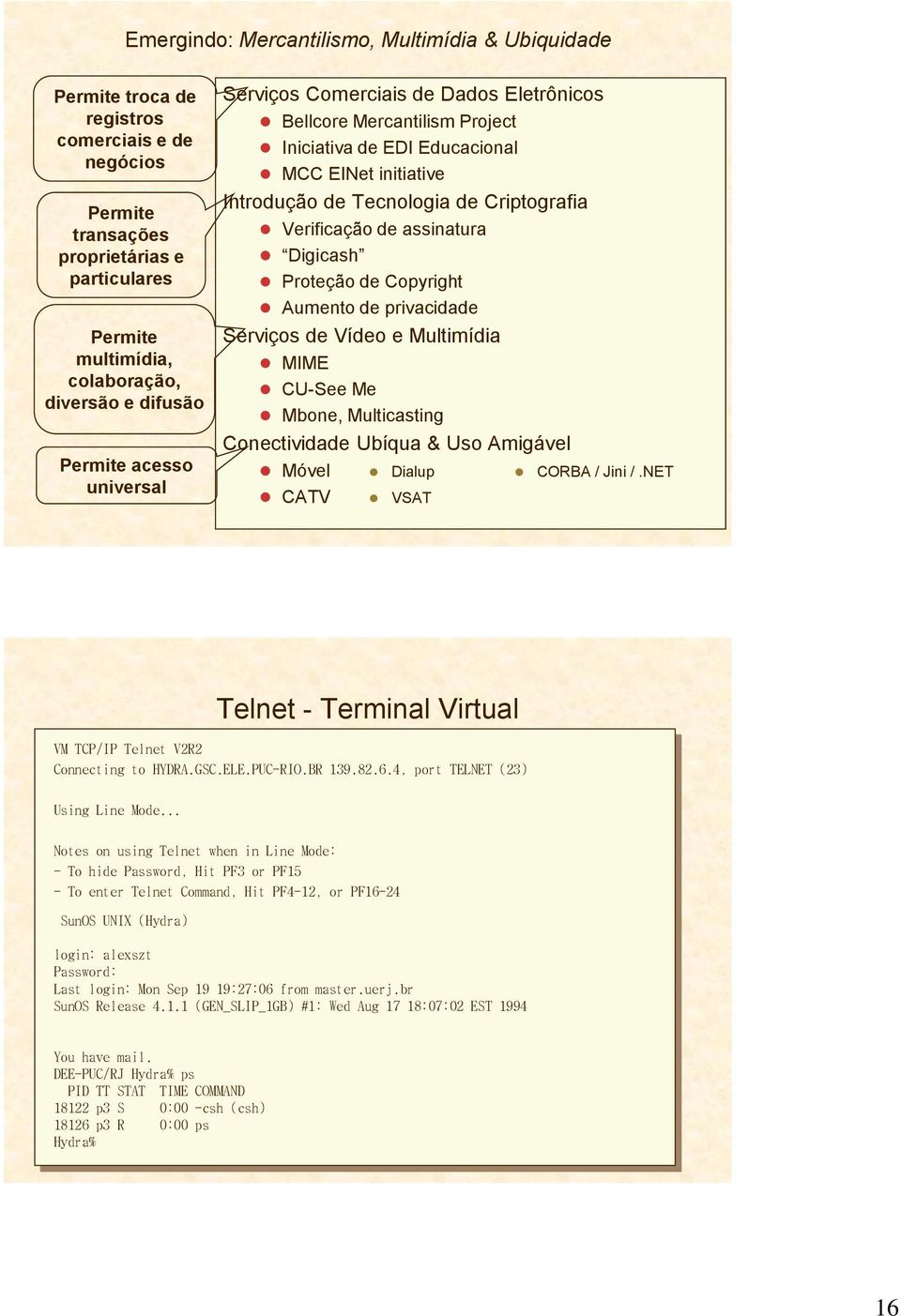 Verificação de assinatura Digicash Proteção de Copyright Aumento de privacidade Serviços de Vídeo e Multimídia MIME CU-See Me Mbone, Multicasting Conectividade Ubíqua & Uso Amigável Móvel Dialup