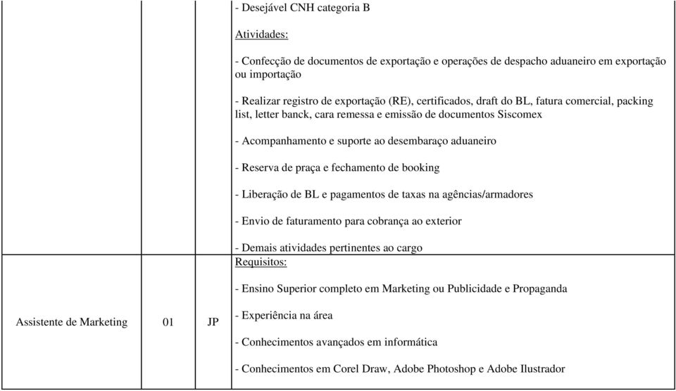 booking - Liberação de BL e pagamentos de taxas na agências/armadores - Envio de faturamento para cobrança ao exterior - Demais atividades pertinentes ao cargo - Ensino Superior completo em