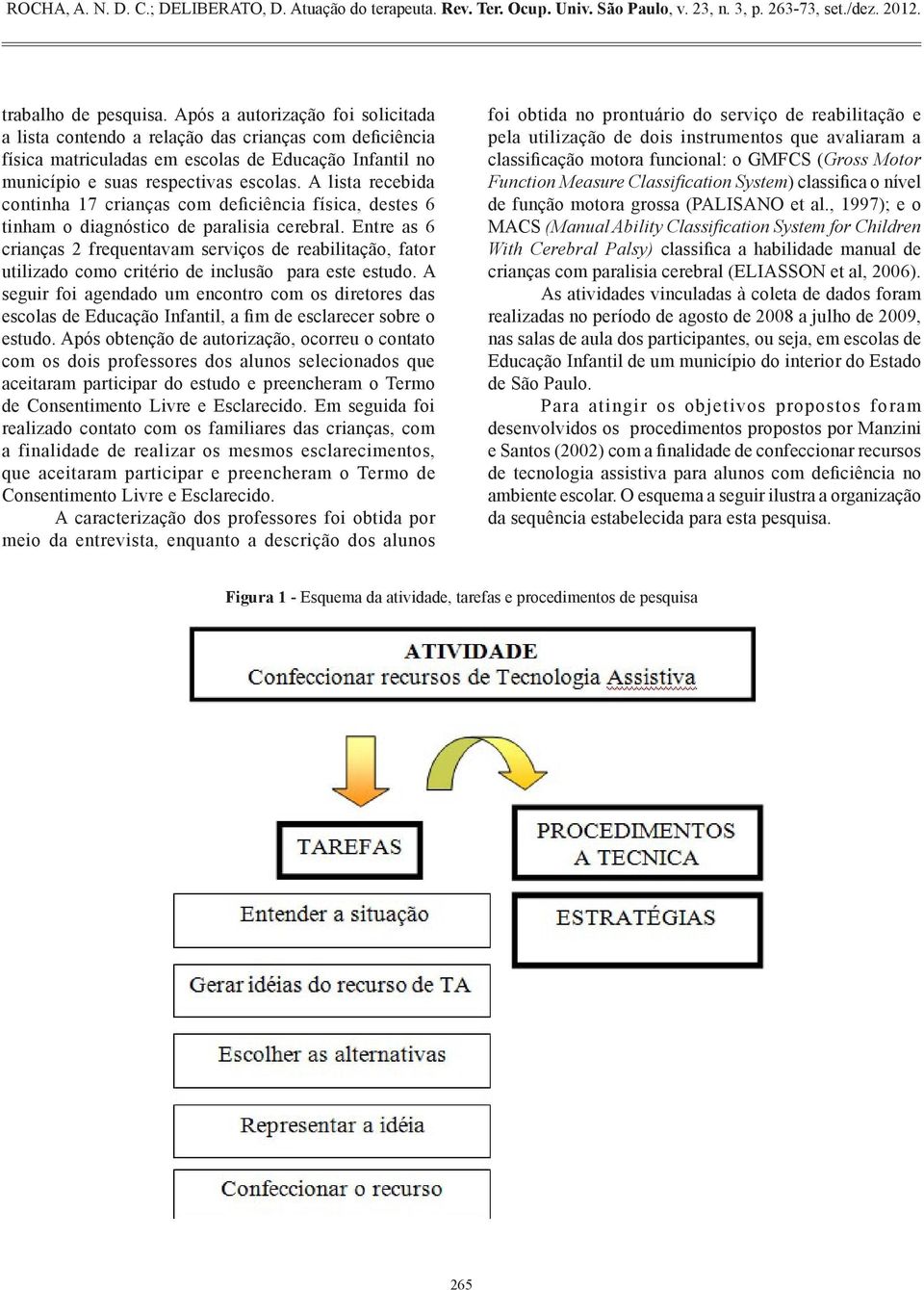 A lista recebida continha 17 crianças com deficiência física, destes 6 tinham o diagnóstico de paralisia cerebral.