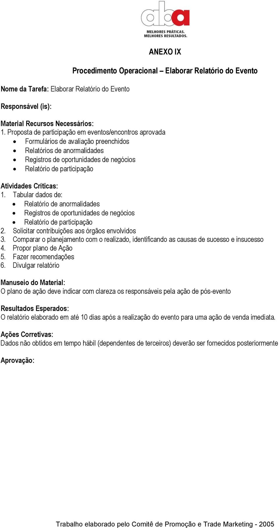 Críticas: 1. Tabular dados de: Relatório de anormalidades Registros de oportunidades de negócios Relatório de participação 2. Solicitar contribuições aos órgãos envolvidos 3.